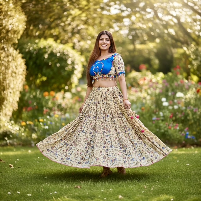 Blue Cotton Printed Skirt & Contrasting Blouse