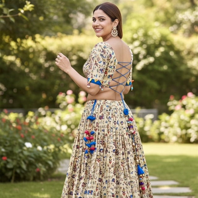Blue Cotton Printed Skirt & Contrasting Blouse