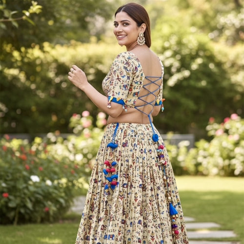 Blue Cotton Printed Skirt & Contrasting Blouse